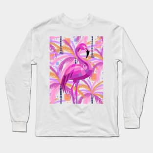 Vibrant Pink Flamingo Palm Trees Long Sleeve T-Shirt